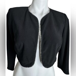 Alex Evenings Black Rhinestone Trim Cropped Open Front Jacket Size 6